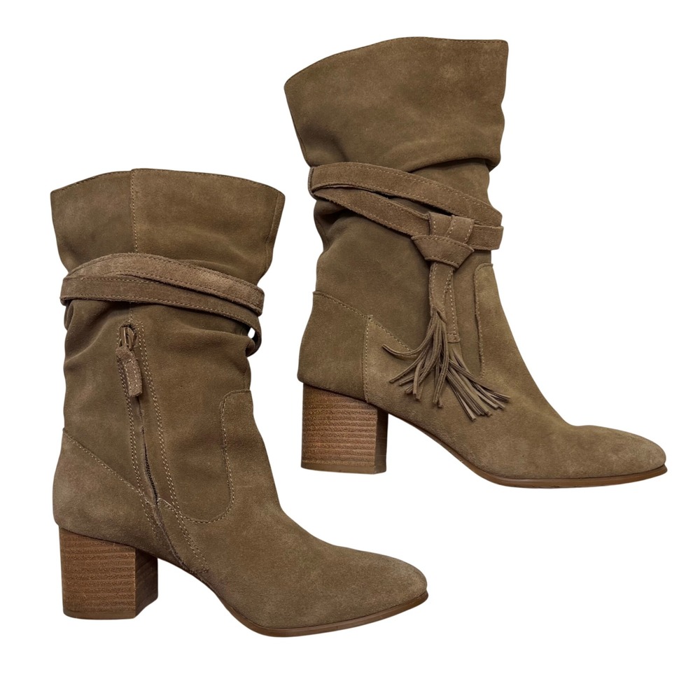 Tahari Johnny Taupe Suede Western Boho Slouchy Tassel Block Heel Boots Size 9
